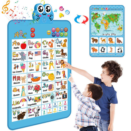 Electronic Interactive Double-Sided Alphabet Wall Chart, Talking ABC & 123 & Music & Learning Poster, Educational Toddlers Toys for Ages 2-4 and Up Kids Gift, Best for Preschool Boys & Girls(Blue)