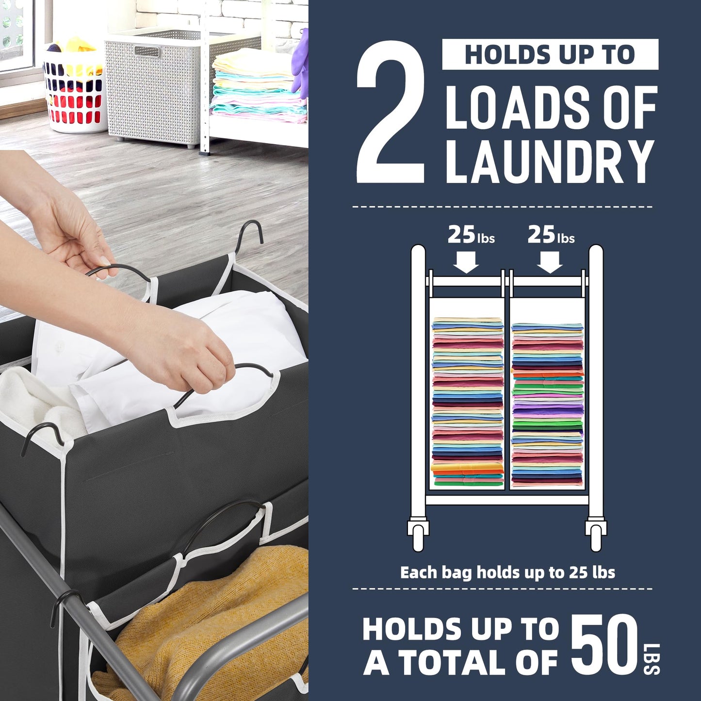 STO STO Laundry Sorter 2 Section, 2 Bag Laundry Hamper, Rolling Laundry Cart, Laundry Basket with Heavy Duty Lockable Wheels and Removable Bag for Clothes Storage, Black