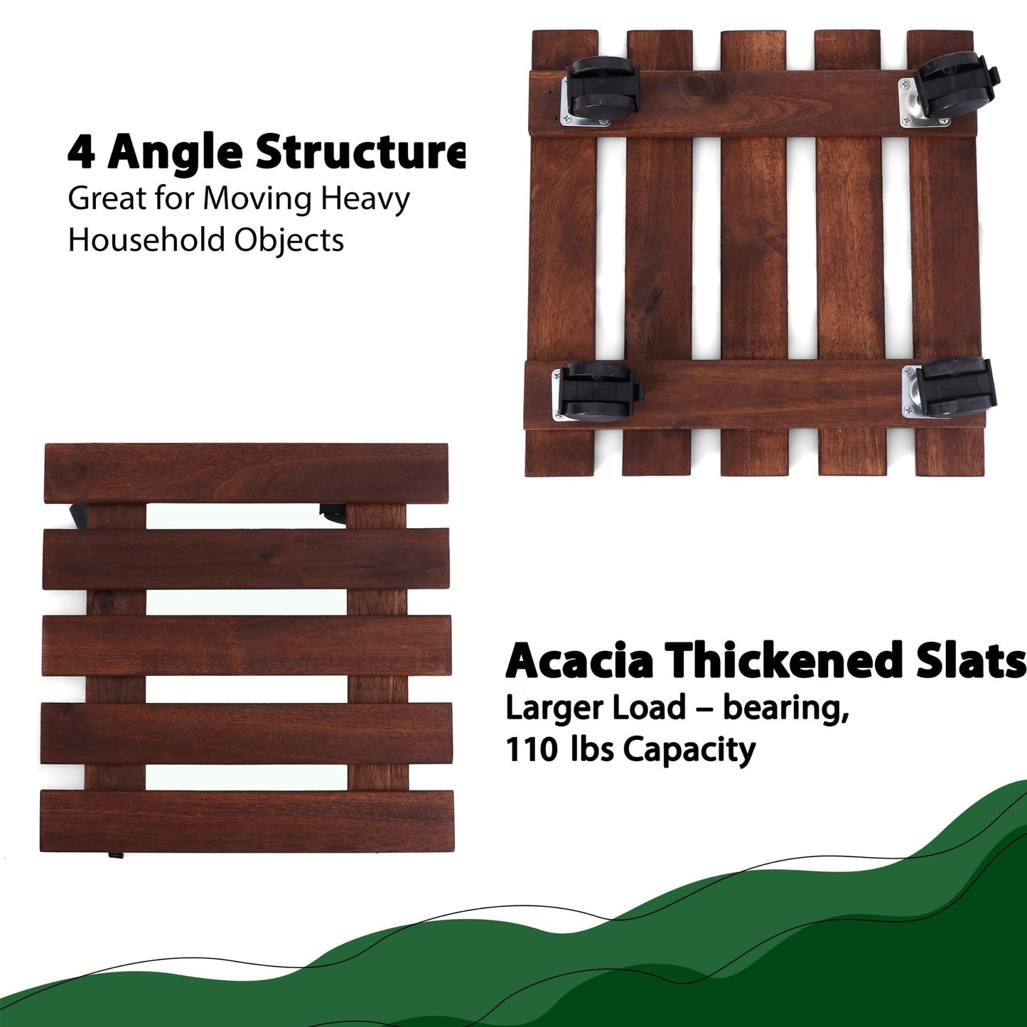 Acacia Wood Plant Caddy with 360 Wheels, Set of 2