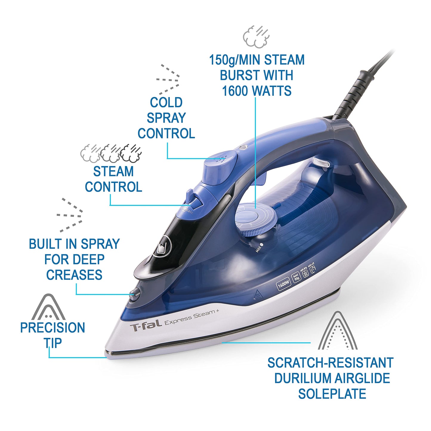 T-fal, Iron, Express Steam Iron for Clothes, Durilium Soleplate, Precision Tip, 30 Second Auto Shut Off, 1600 Watts, Anti-Drip, Ironing, Blue Clothes Iron, FV2886U0