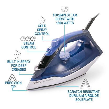 T-fal, Iron, Express Steam Iron for Clothes, Durilium Soleplate, Precision Tip, 30 Second Auto Shut Off, 1600 Watts, Anti-Drip, Ironing, Blue Clothes Iron, FV2886U0