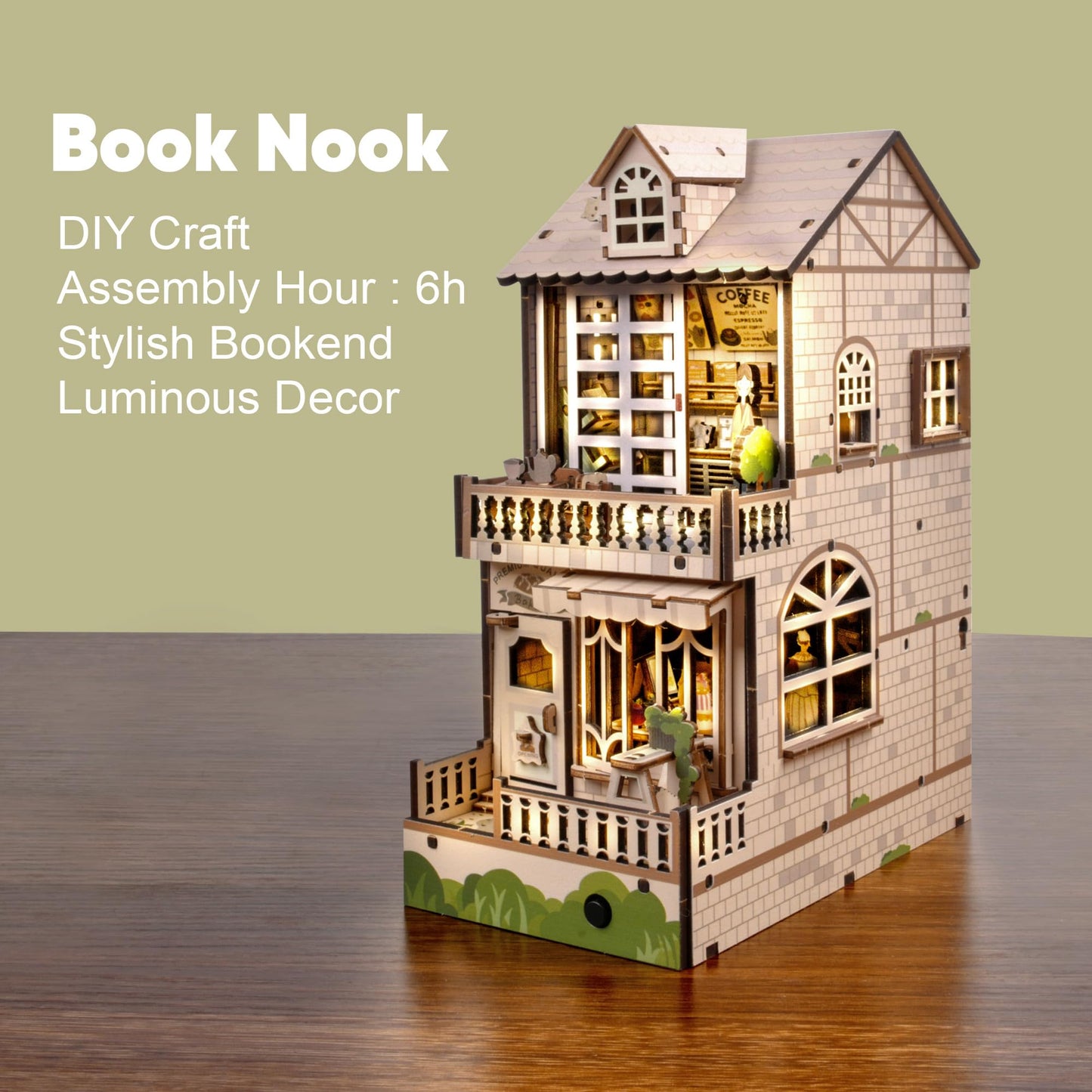 DIY Book Nook Kit, 3D Wooden Puzzle Bookshelf Insert Diorama Kit with LED, DIY Bookend Miniature Model Kits Crafts Hobbies Gifts for Adults and Kids (Coffee Shop)