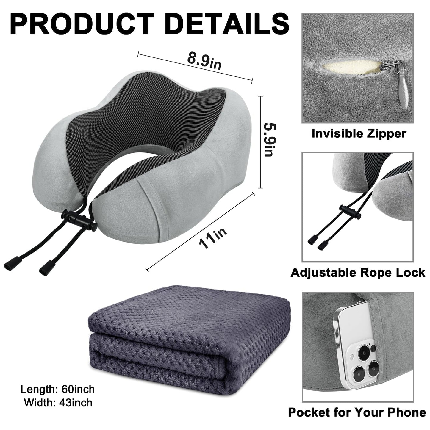 Travel Pillow and Blanket Set for Airplane