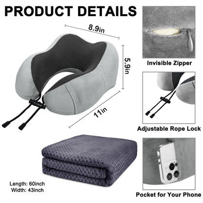 Travel Pillow and Blanket Set for Airplane
