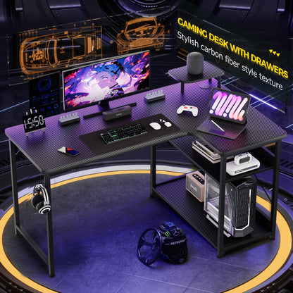 L-Shaped Gaming Desk with Adjustable Shelves