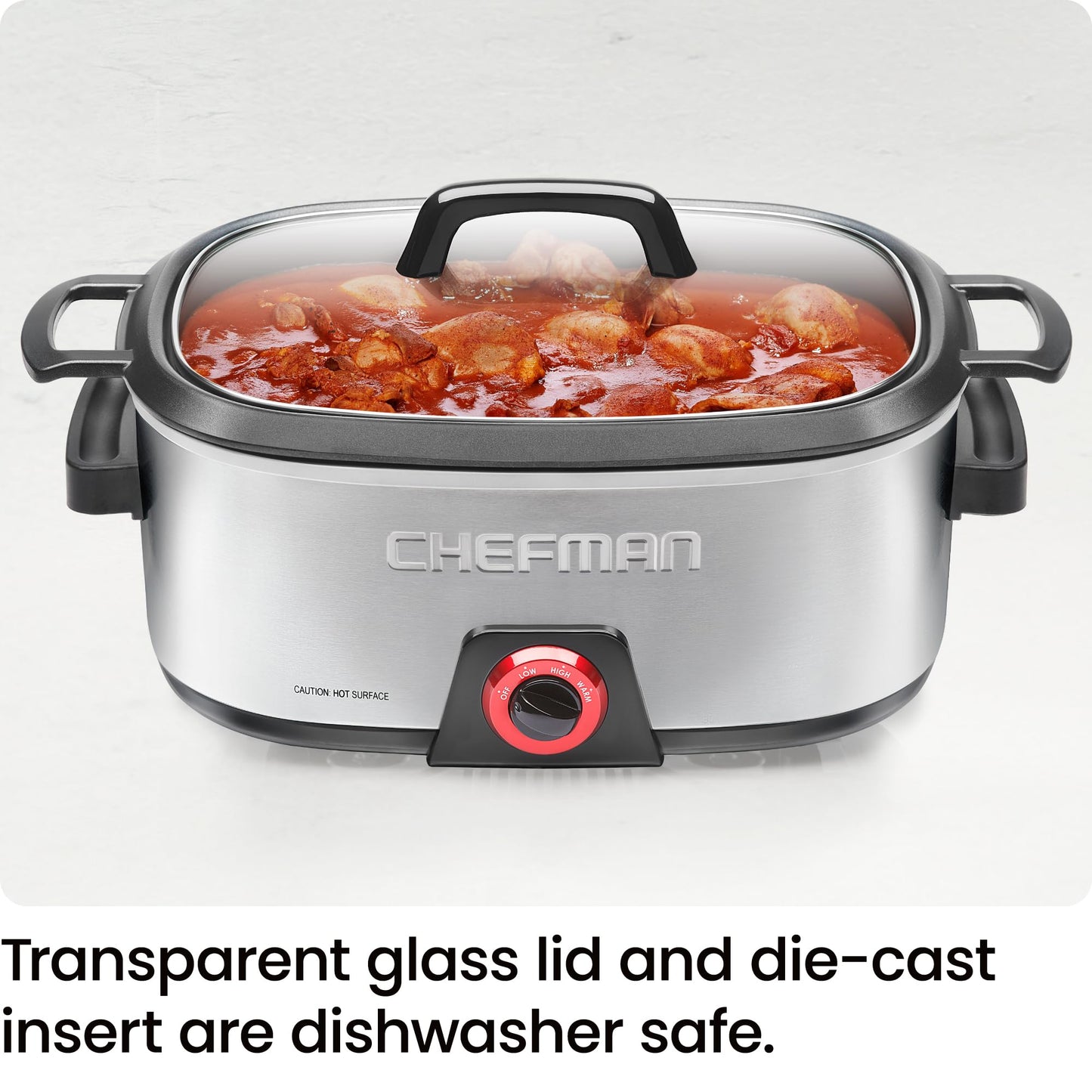 Chefman 6-Quart Slow Cooker, Electric Countertop Cooking, Stovetop & Oven-Safe Removable Insert for Browning & Sautéing, Family-Size Soups & Stews, Nonstick & Dishwasher-Safe Interior,Stainless Steel