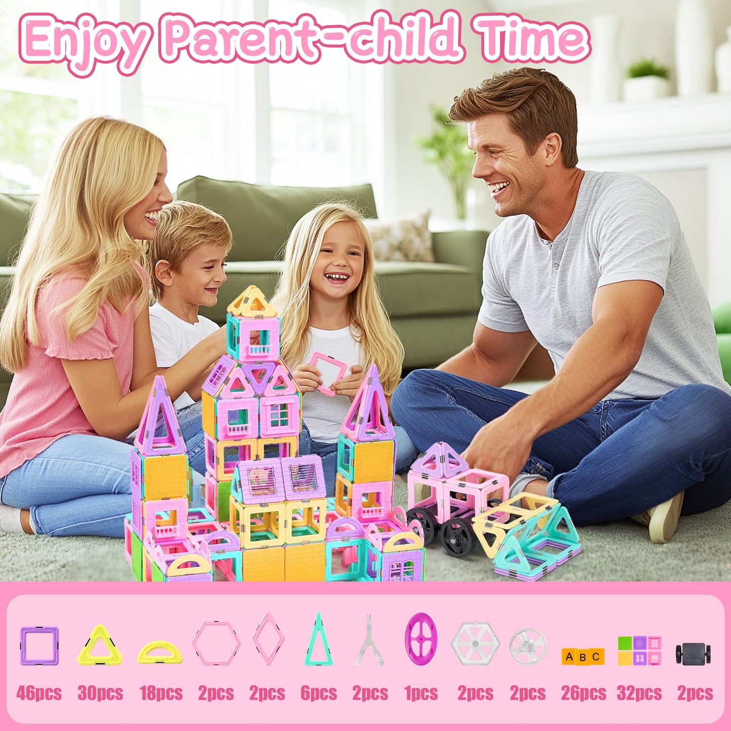 165 PCS Magnetic Tiles Set with Car and Alphabet Cards