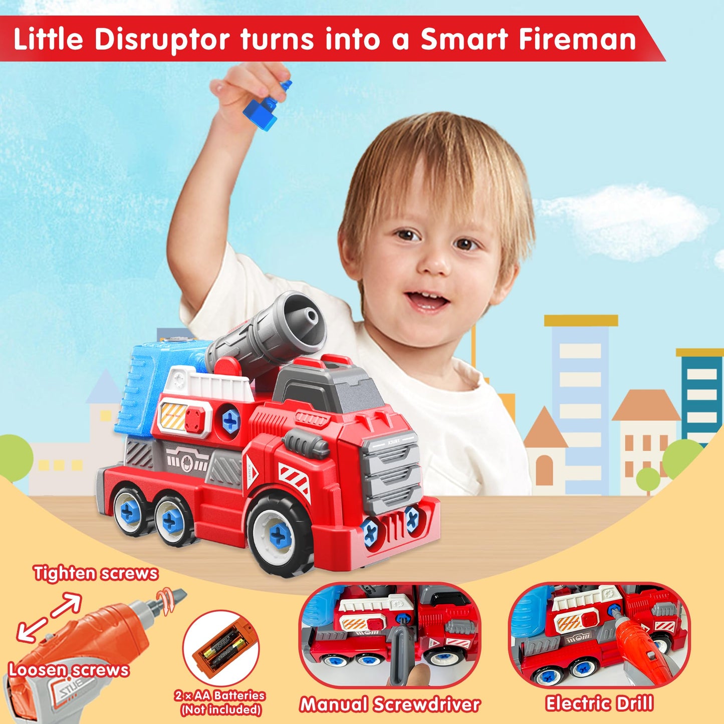 Fire Rescue Toy Truck with Electric Drill Set