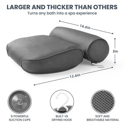 LuxStep Bath Pillow Bathtub Pillow with 6 Non-Slip Suction Cups,14.6x12.6 Inch, Extra Thick and Soft Air Mesh Pillow for Bath - Fits All Bathtub, Grey