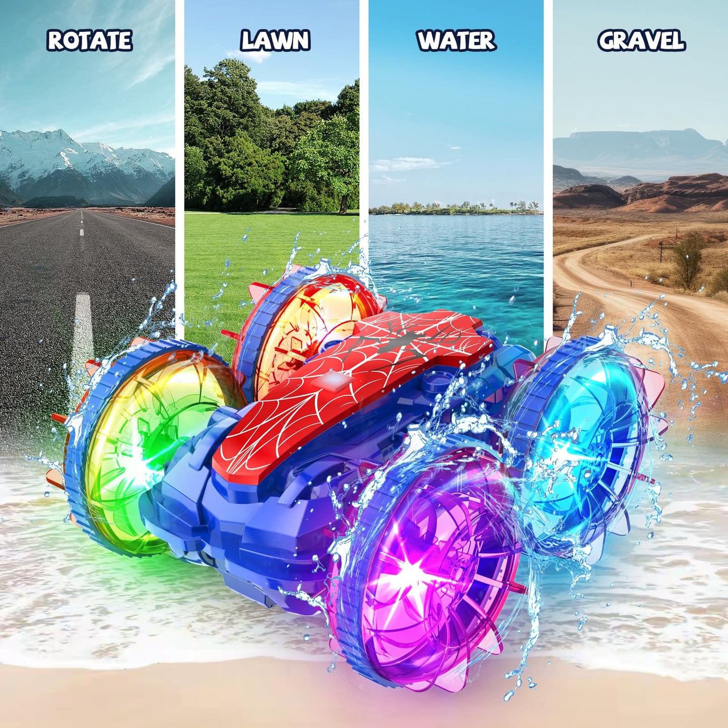 SHXYKZ Spider Amphibious Remote Control Car Boat, Spider Toys for Ages 6 7 8 9 10 11 12, 360° Gesture Sensing RC Vehicle, 4WD Waterproof Stunt Car with LED Lights, Gifts for Boy and Girl