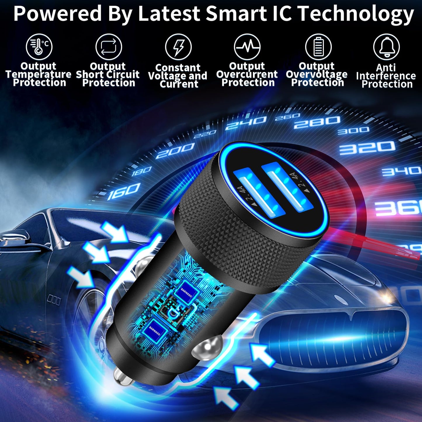 4.8A Dual USB Car Charger with 2 Pack Cable
