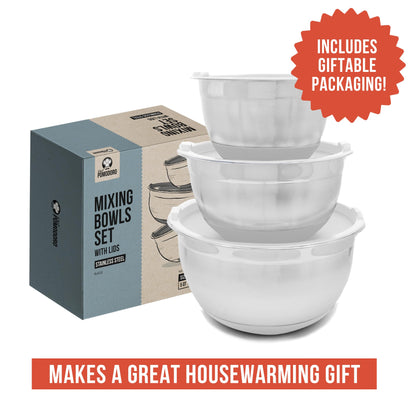 Chef Pomodoro Stainless Steel Mixing Bowl Set, Metal Mixing Bowls with Lids Set, Non-Slip Silicone Base, Nesting Bowls - 3 Piece (1.5 Qt, 3 Qt, 5 Qt), Mixing Bowls for Kitchen, Salad, Baking (Grey)