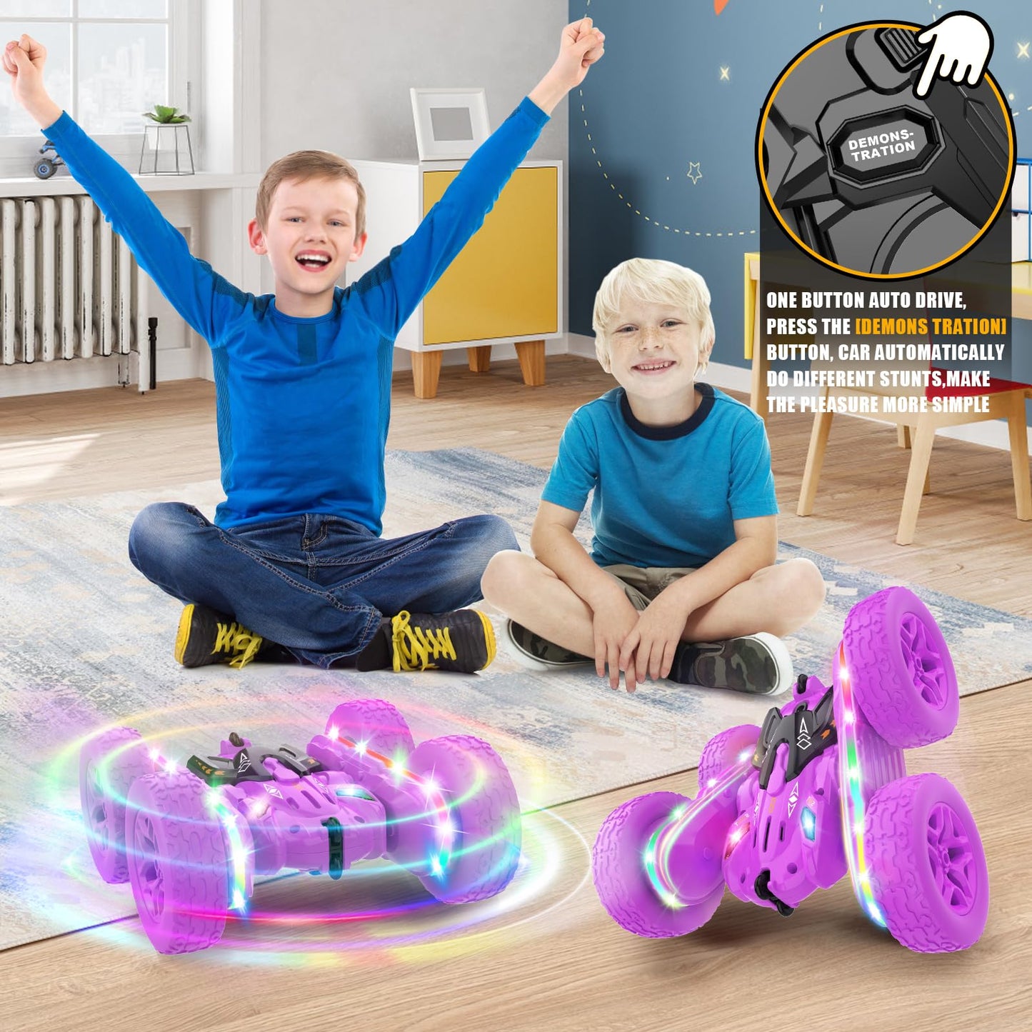 Jimdella Remote Control Car,RC Cars with sides light strip and Headlights,Double Sided 360 Flips Rotating RC Stunt Car,2.4Ghz All Terrain Toys for Ages 4-6 Kid Toy for Boys Girls Birthday Gift(Purple)