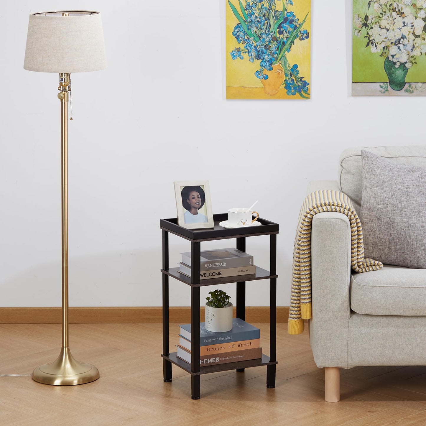 ZEXVIDA Side Table for Small Spaces,3 Tier End Table Under Desk Storage with Storage Shelf, Small Bedside Table,Nightstand for Living Room, Bedroom, Office,Grey