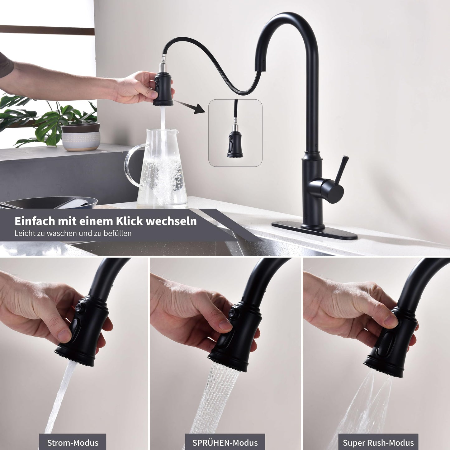 Trysea Pull Down Kitchen Faucet, Brushed Black