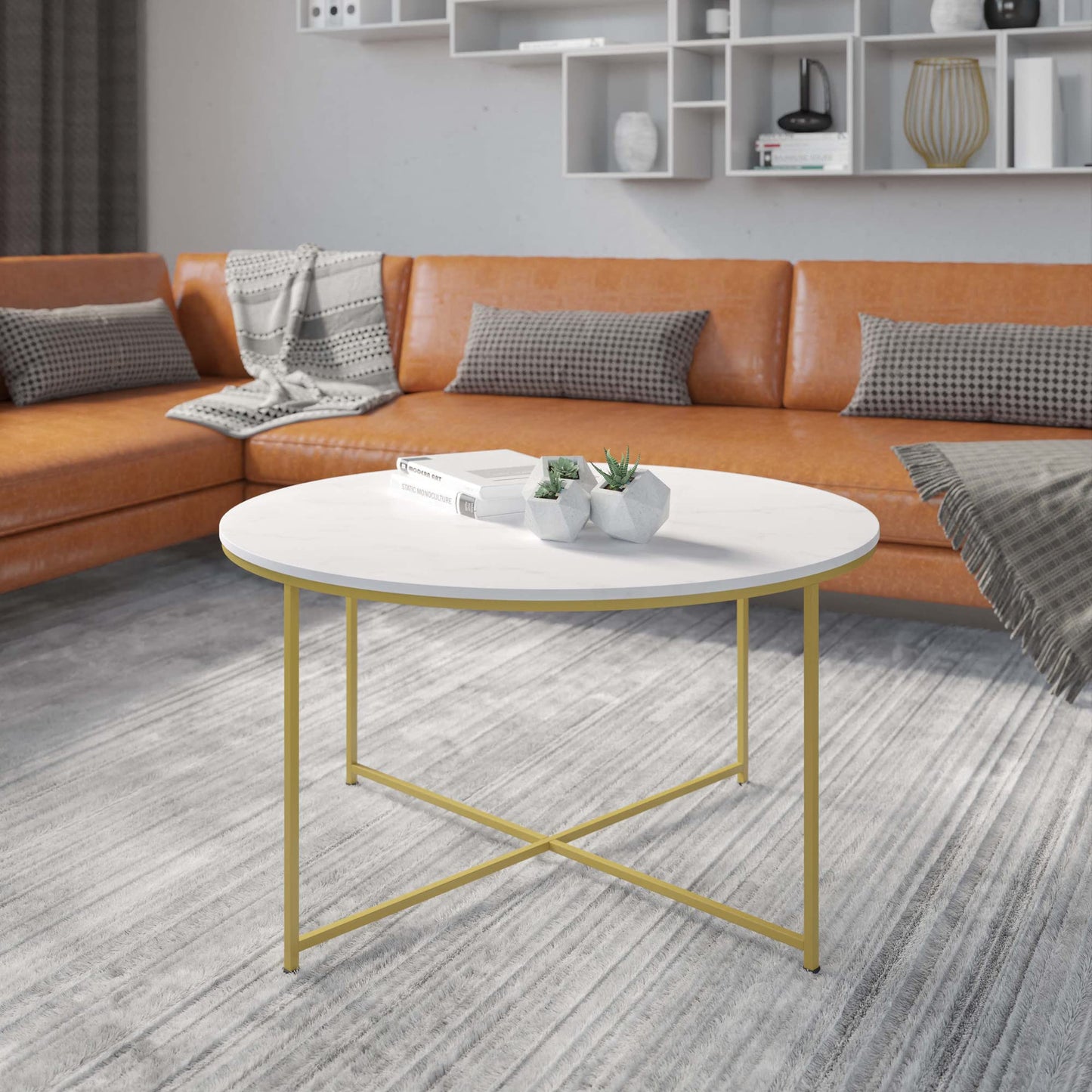 Flash Furniture Hampstead Collection Coffee Table - Modern White Marble Finish Coffee Table - Crisscross Brushed Gold Frame