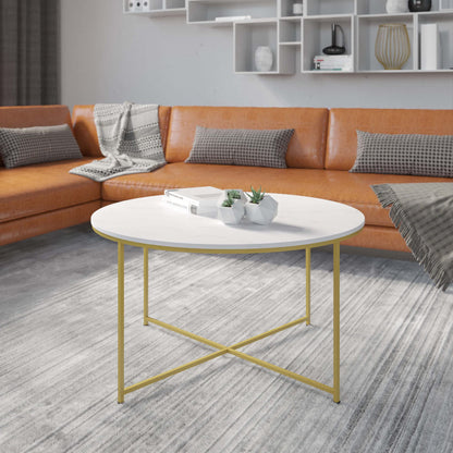 Flash Furniture Hampstead Collection Coffee Table - Modern White Marble Finish Coffee Table - Crisscross Brushed Gold Frame
