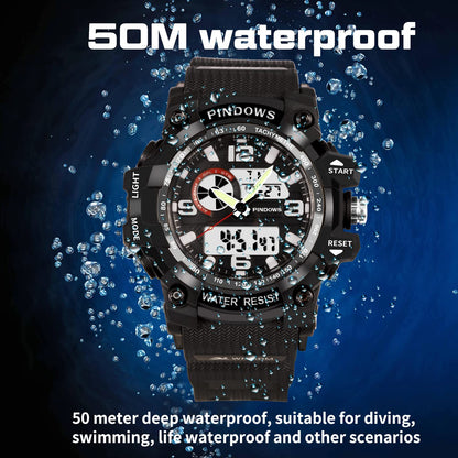 PINDOWS Sport Watch for Men, Digital Analog Military Sports Electronic LED Watches with 12H/24H Display, 50m Waterproof, Alarm Clock, and Stopwatch Timing, Men's Wrist Watches PDS-628