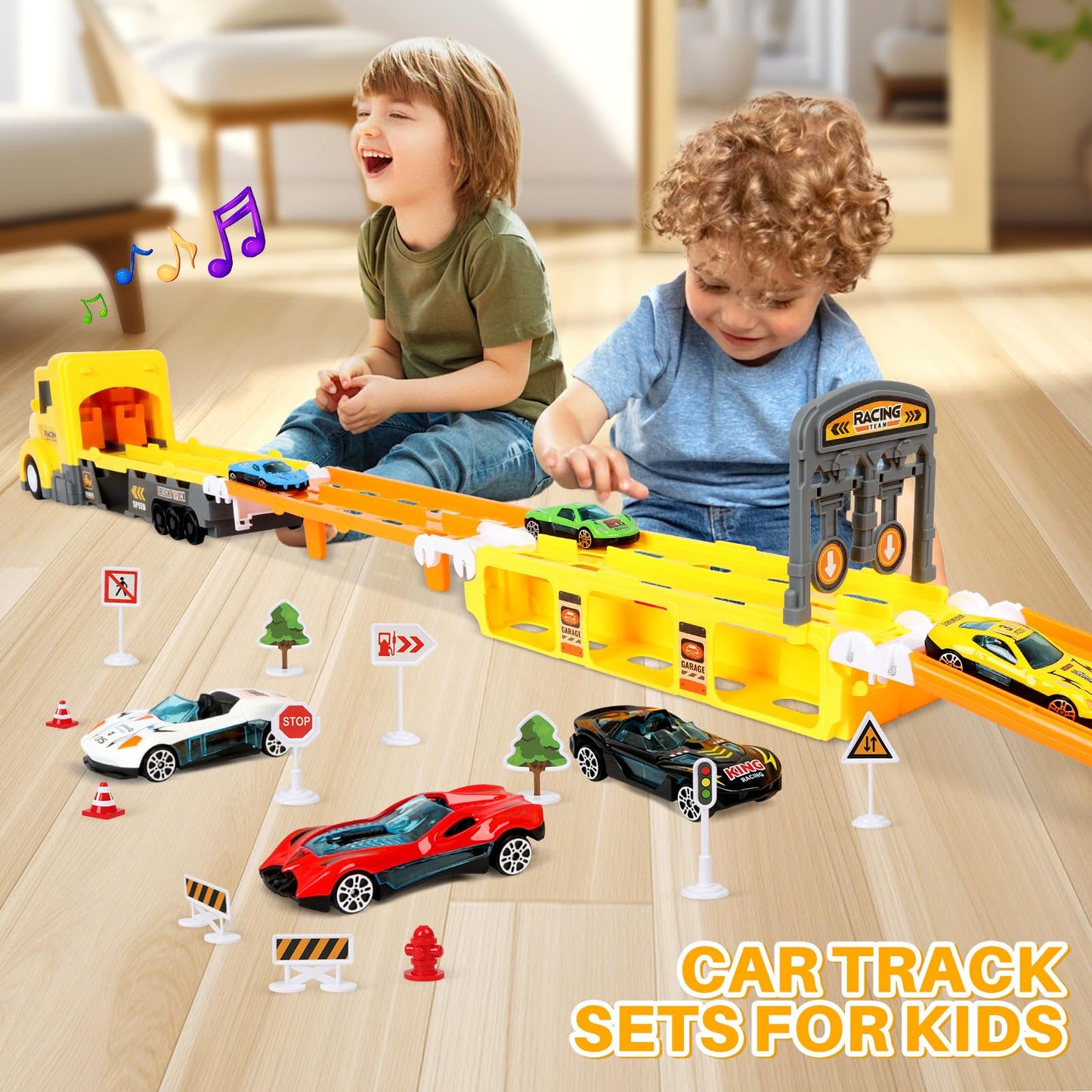 Carrier Truck Race Track Set with 6 Toy Cars