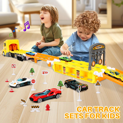 Carrier Truck Race Track Set with 6 Toy Cars