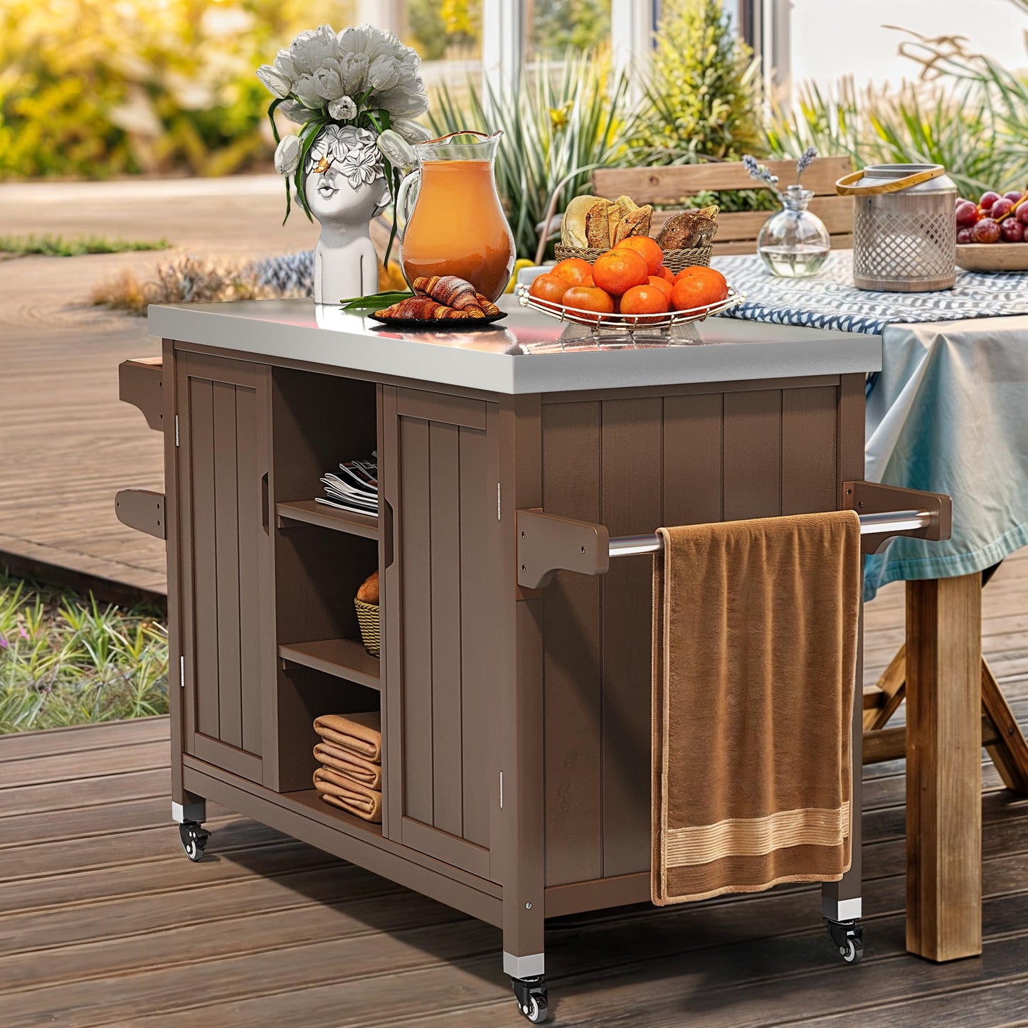 YITAHOME XL Solid Wood Grill Cart Outdoor Storage Cabinet Movable Patio Table with Stainless Steel Top, Spice Rack, and Side Handle, Outdoor Kitchen Island Bar Cart, Brown