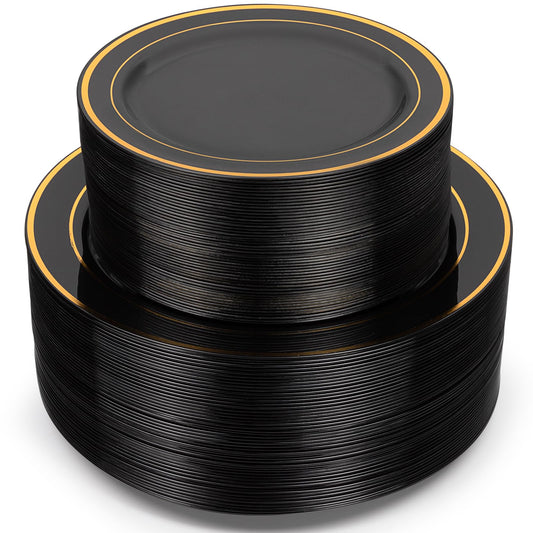 Homy Feel 100PCS Round Black Plastic Plates with Gold Rim Includes:50 Dessert Plates 7.5" Plates And 50 Dinner Plates 10.25" Plates Disposable Plates For Party Supplies