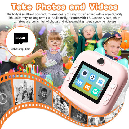 Instant Print Camera for Kids, Christmas Birthday Gifts for Girls Boys, Selfie Digital Camera with 1080P Videos, Portable Travel Camera Toy for 6+ Years Old Girl with Print Paper & 32G Card
