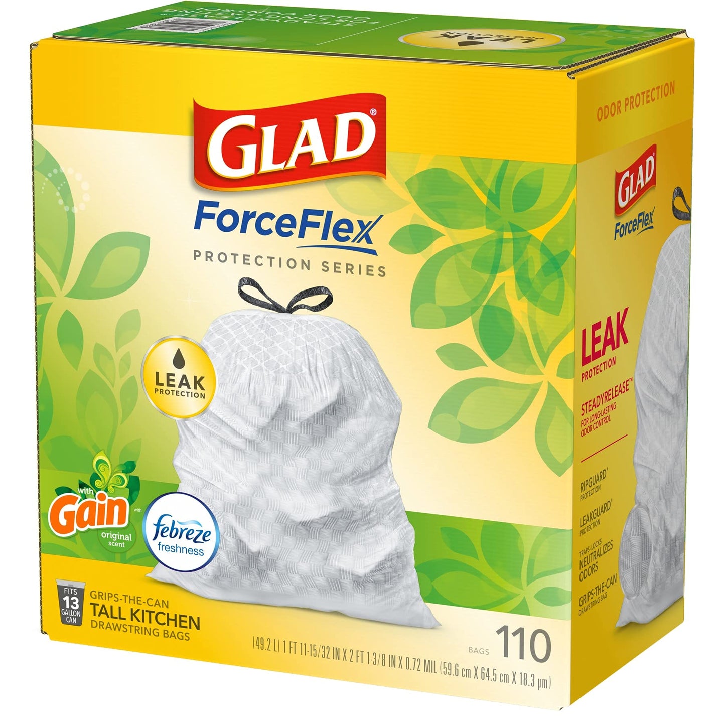 GLAD ForceFlex Tall Kitchen Drawstring Trash Bags, 13 Gallon White Trash Bag for Kitchen Trash Can, Gain Original Scent, Odor Shield, Odor Eliminator, Leak Protection, 110 Count