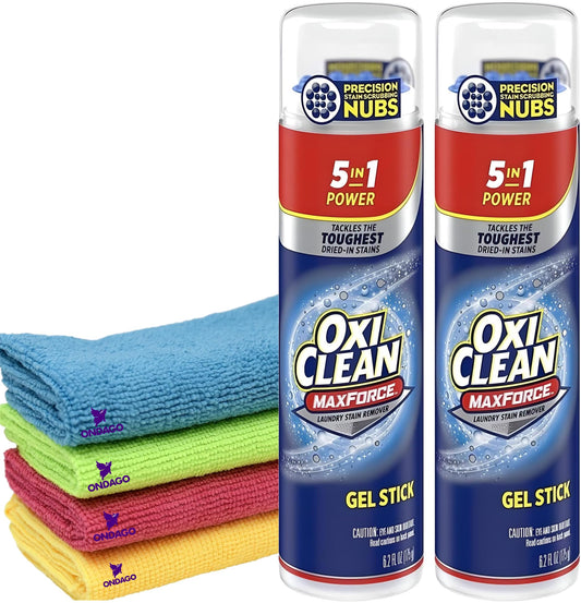 ONDAGO 2 OxiClean Max Force Gel Stick Stain Remover, 6.2 Ounce - Bundled with 4 Microfiber Cleaning Cloths