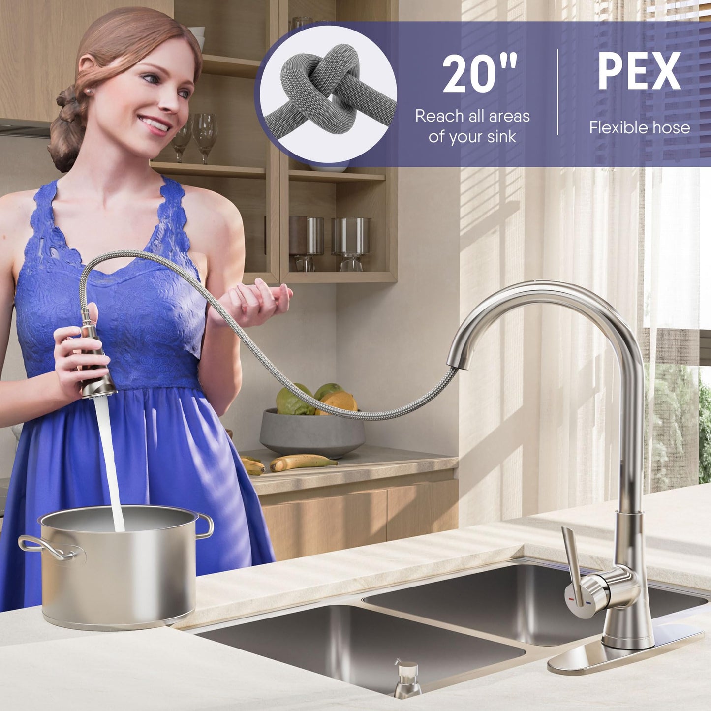 ARRISEA Pull Down ktichen Faucet, Stainless Steel, RV Faucets, Kitchen Sink Faucet with 10'' Deck Plate,Brushed Nickel Single Handle Laundry Sink Faucet with Three Modes Sprayer, Farmhouse Tap