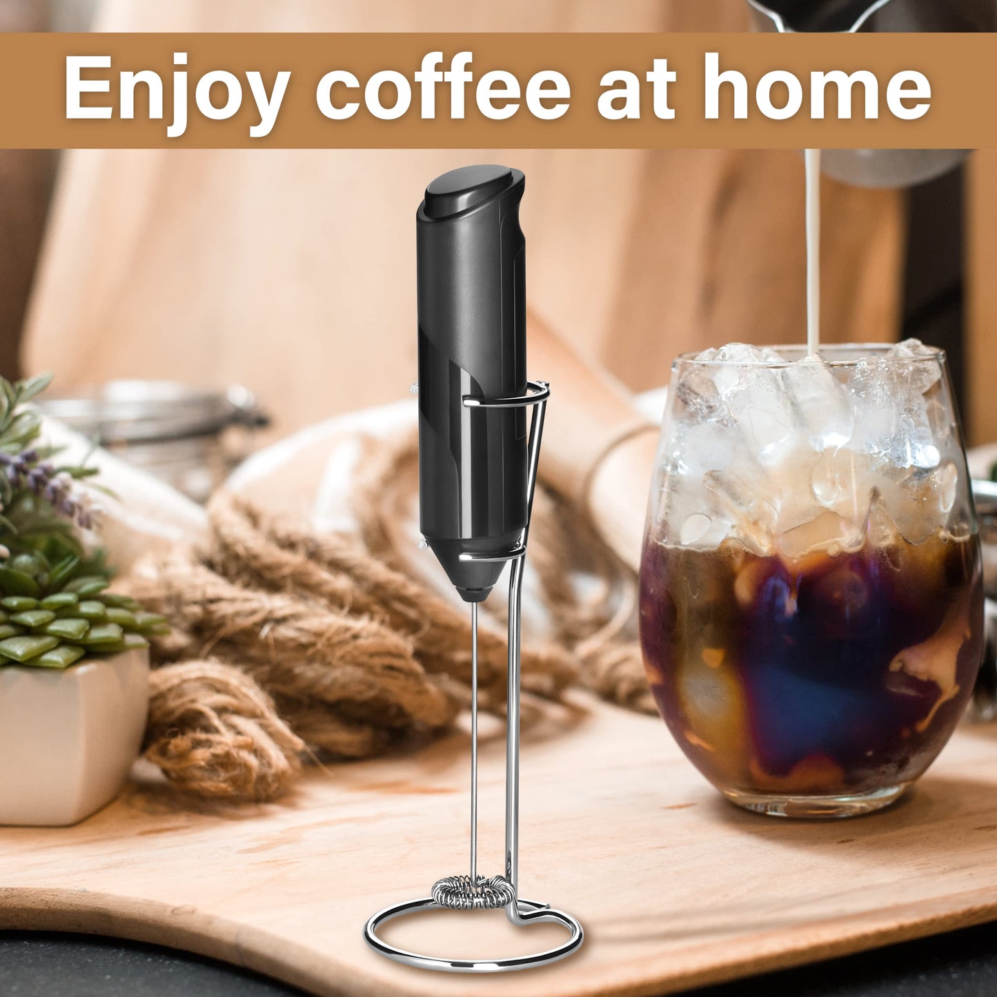 YSSOA Electric Milk Frother Handheld with Stainless Steel Stand Battery Operated Whisk Drink Mixer for Coffee, Frappe, Latte, Matcha, Hot Chocolate, Black (2 Pack, Black)