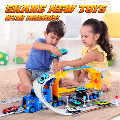 Carsky Truck Toy Cars W/Race Track for Toddlers Toys for 2 3 4 5 6 Year Old Boy Birthday Gifts, 2 in1 Carrier Toy Trucks W/Car Track, Cars Toys W/ 8 Race Cars, Boys Toys for Ages 2-4 3-5 4-6 5-7