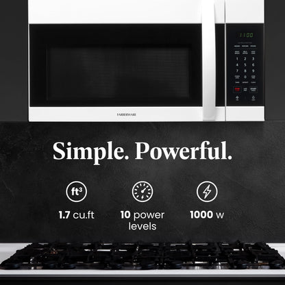 Farberware Over-the-Range Microwave Oven, 1.7 Cu. Ft. - 1000W - Auto Reheat, Multi-Stage Cooking, Melt/Soften Feature, Child Safety Lock, LED Display - Space Efficient & Powerful - White