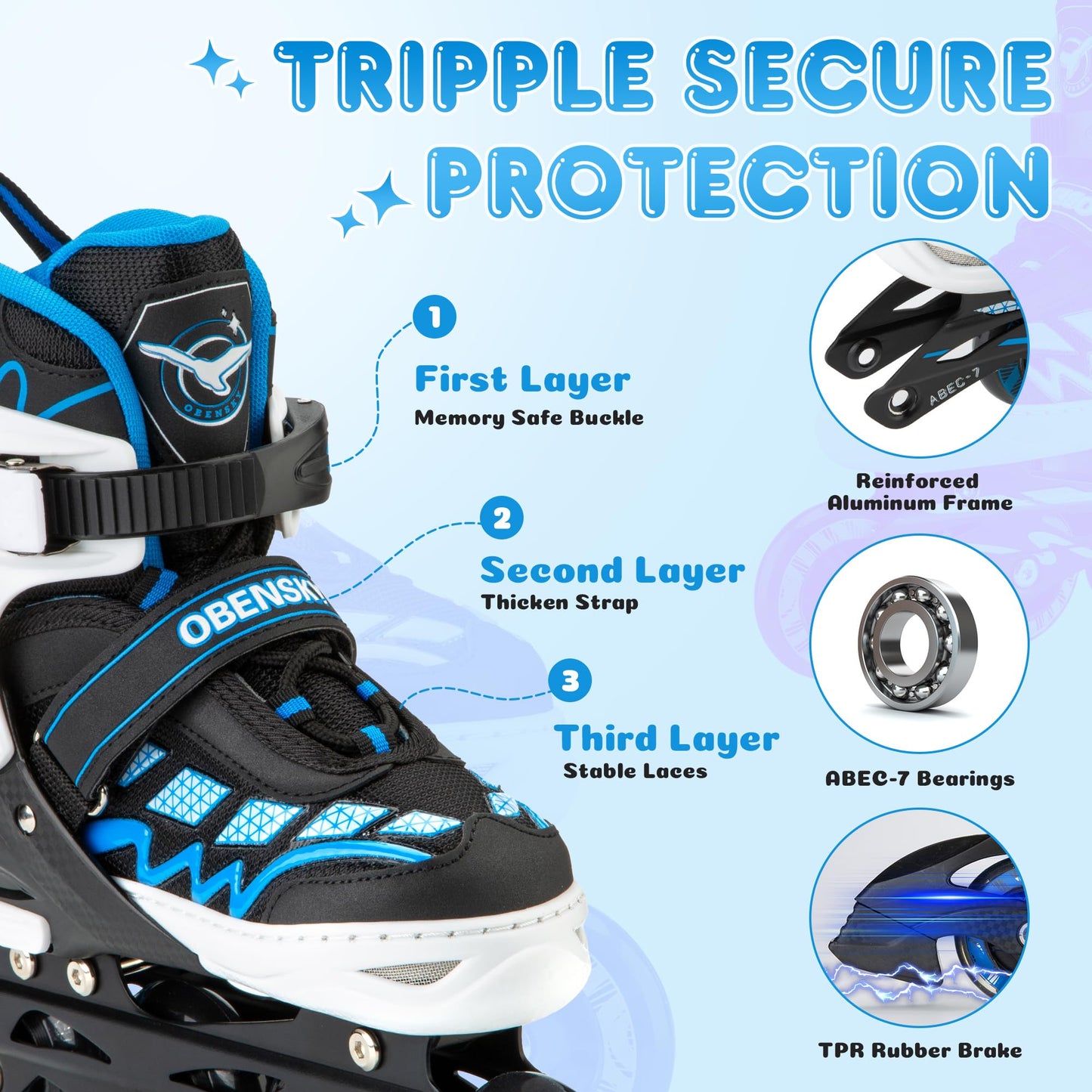 OBENSKY Inline Skates for Kids Ages 5-8, Adjustable Inline Skates for Boys and Girls 8-12 with Light Up Wheels, Outdoor Roller Skates for Beginners Children Teens with Free Skate Bag - Large,Blue