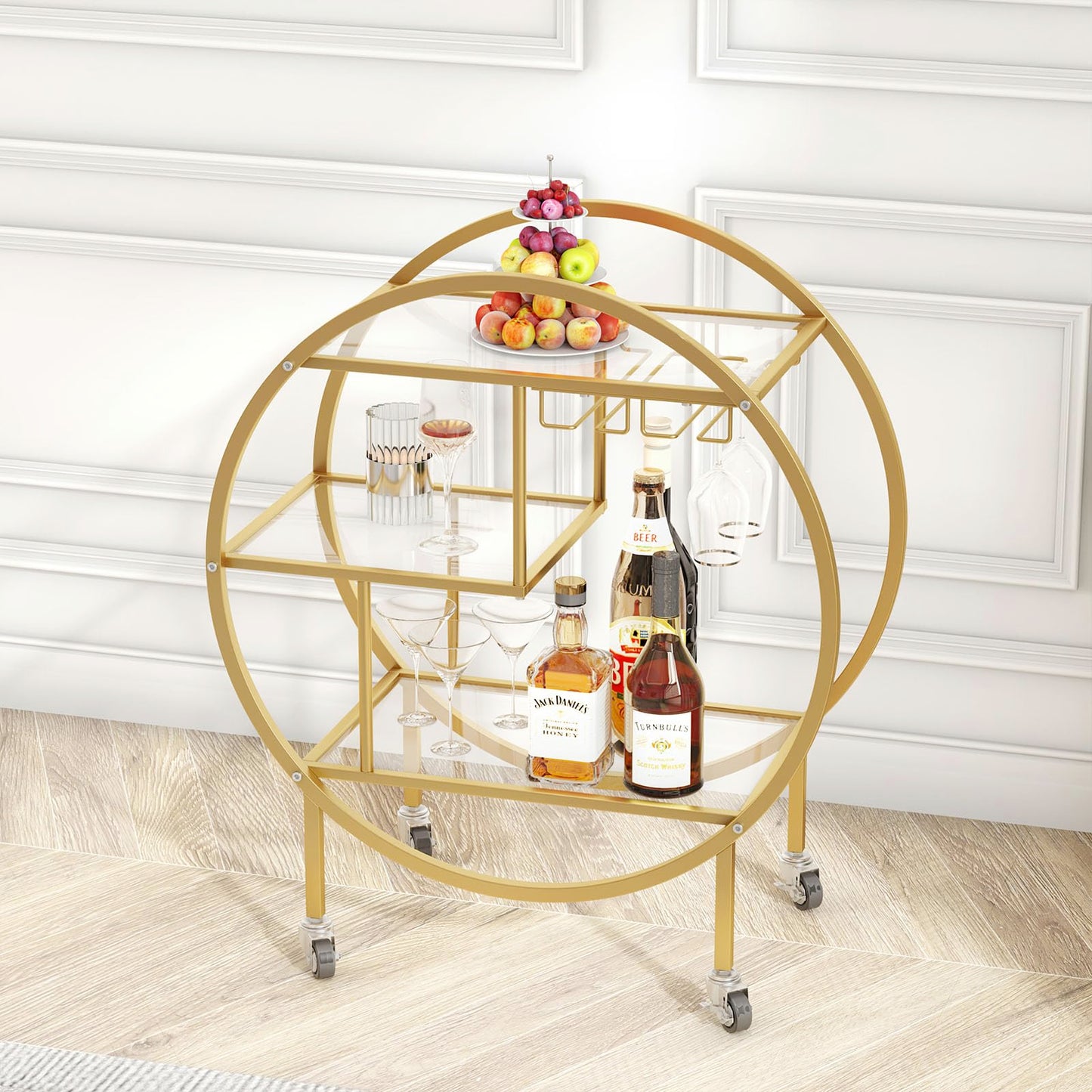 SMARTISBEAUTY Gold Bar Carts with Glass Holders and Wine Rack,3 Tier Rolling Bar Serving Carts with Glass Shelves,Metal Bar Carts for The Home Kitchen, Party Outdoor Indoor (0 Handle)