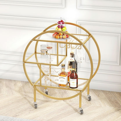 SMARTISBEAUTY Gold Bar Carts with Glass Holders and Wine Rack,3 Tier Rolling Bar Serving Carts with Glass Shelves,Metal Bar Carts for The Home Kitchen, Party Outdoor Indoor (0 Handle)