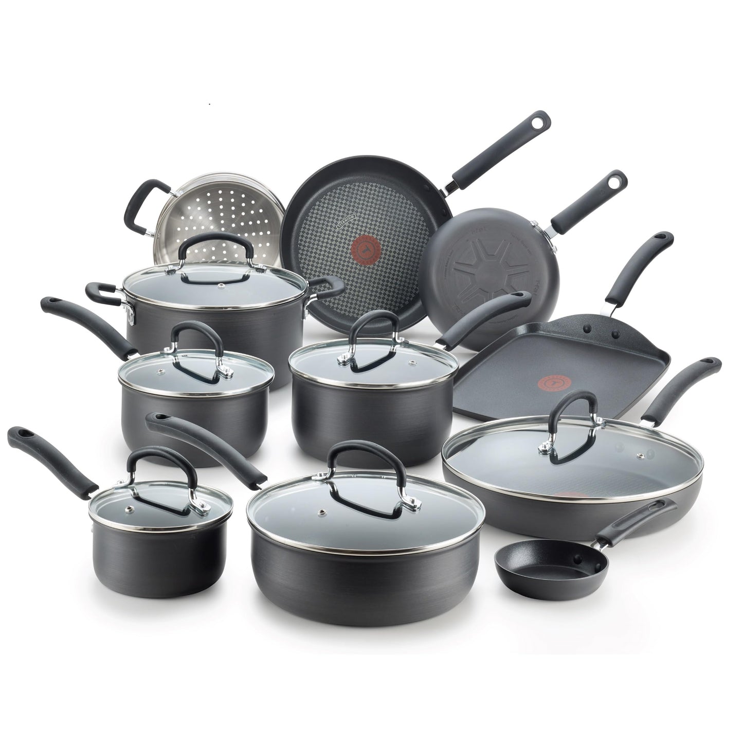 T-fal Ultimate Hard Anodized Nonstick Cookware Set 17 Piece, Oven Broiler Safe 400F, Lid Safe 350F, Kitchen Cooking Set w/ Fry Pans, Saucepans, Saute Pan, Griddle, Pots and Pans, Dishwasher Safe Black