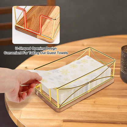 Livabber Guest Napkin Holder, Metal Bathroom Paper Hand Towel Storage Modern Napkin Tray Caddy for Countertop, Table Kitchen, Dinning Room (Gold, Wooden Base)