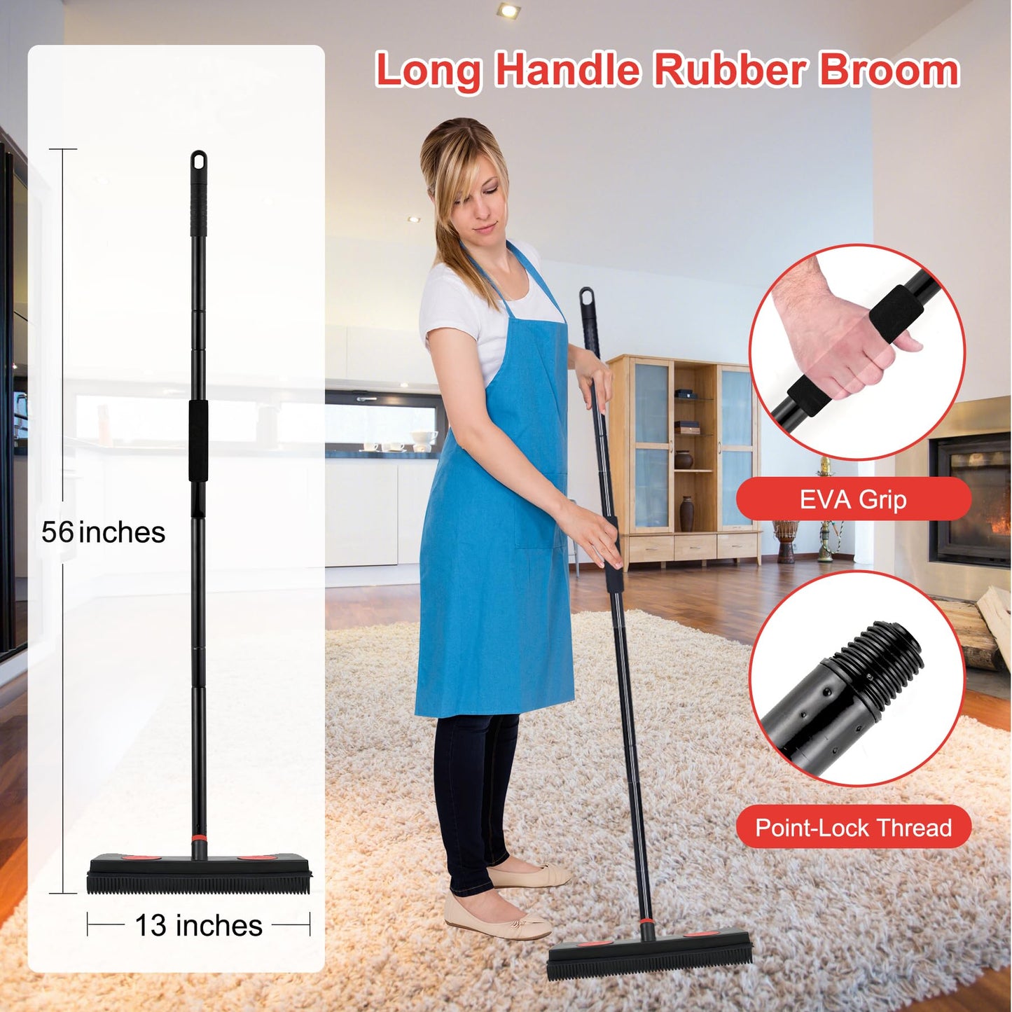 Tiumso Rubber Broom for Carpet, Pet Hair Removal Broom with Squeegee for Floor, Carpet Broom Includes Rubber Brush and Microfiber Cloth for Dog and Cat Hair - Black and Red