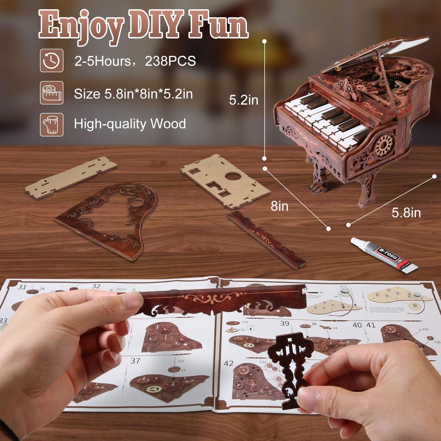 3D Wooden Piano Puzzle Model Kit for Adults