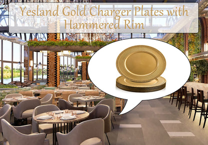 Yesland 12 Pack Gold Charger Plates with Hammered Rim, 13 Inch Plastic Round Charger for Dinner Plates Dinner Chargers Set for Wedding Decorative, Party, Tabletop, Thanksgiving, Restaurant