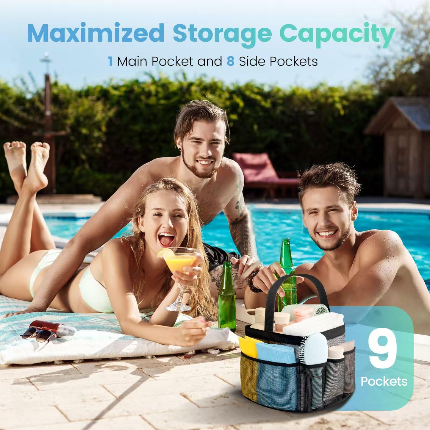 Portable Mesh Shower Caddy with 9 Pockets