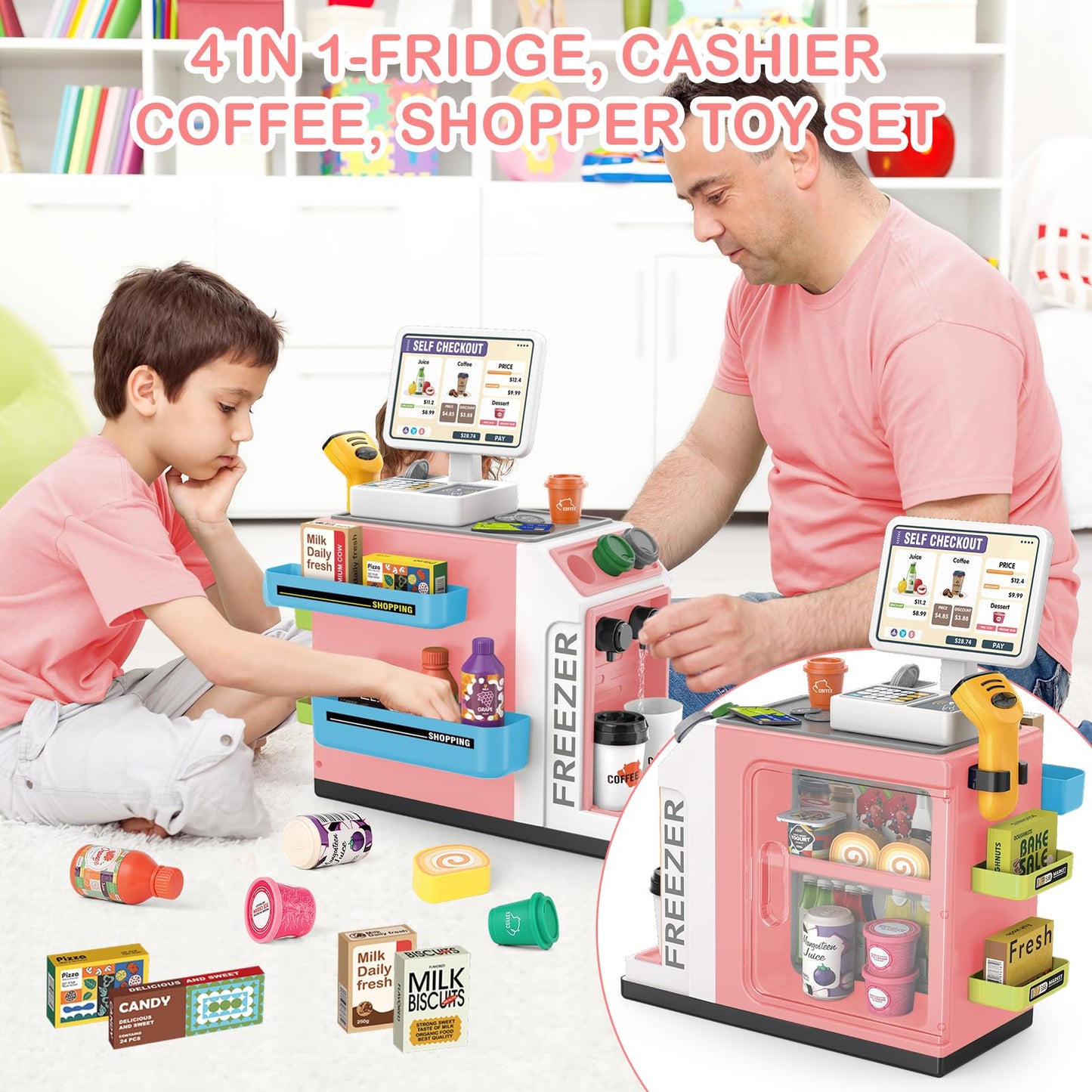 deAO Toy Cash Register for Kids Pretend Play Store Calculator Money 3 in 1 Coffee Machine Set Toys with Water Outlet Function Play Food Gifts Learning Toys for Kids Boys Girls (Pink)