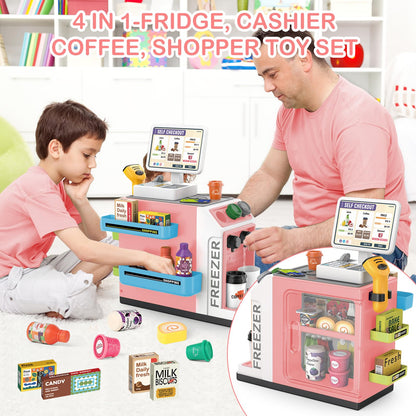 deAO Toy Cash Register for Kids Pretend Play Store Calculator Money 3 in 1 Coffee Machine Set Toys with Water Outlet Function Play Food Gifts Learning Toys for Kids Boys Girls (Pink)
