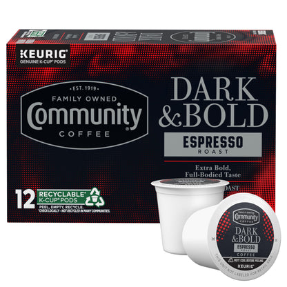 Community Coffee Dark & Bold Espresso Roast 12 Count Coffee Pods, Extra Dark Roast Compatible with Keurig 2.0 K-Cup Brewers, 12 Count (Pack of 1)