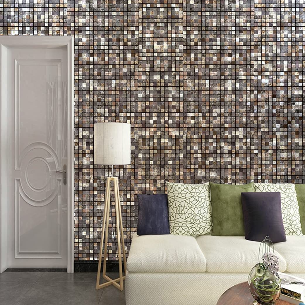 XUANINY Peel and Stick Backsplash Tiles for Kitchen,Bathroom,Fireplace,Self Adhesive Metal Aluminum Mosaic (12"x12") (10, Coffee + Gray Printing)
