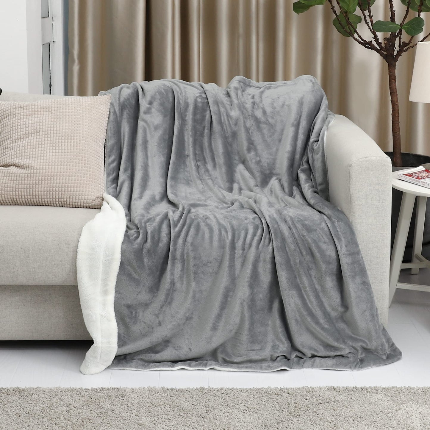 TILLYOU Reversible Plush Sherpa Fleece Kids Blanket for Boys Girls, 50"x60" - Fuzzy Fluffy Warm Throw Blanket for Couch Bed Sofa, Gray