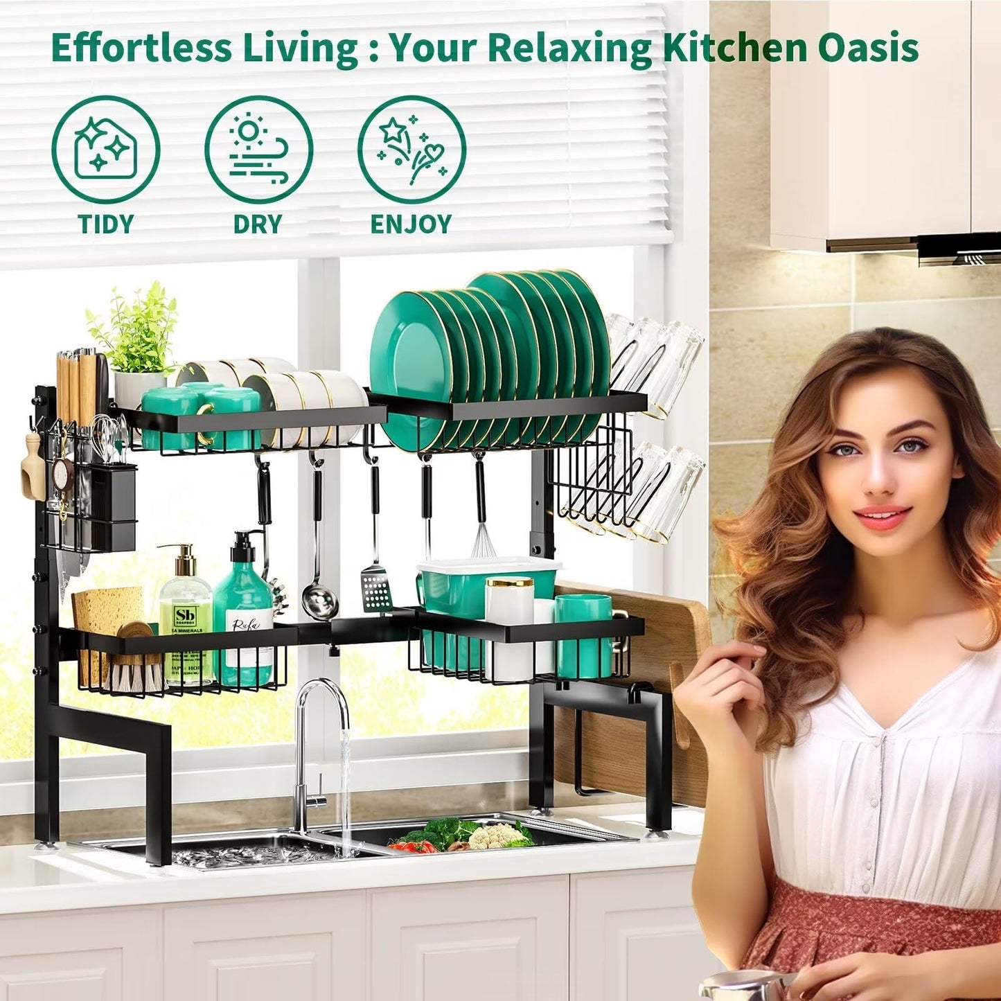 MOUKABAL Over The Sink Dish Drying Rack -Adjustable Over Sink Dish Rack- Length(25.9"-33.4")-Space-Saving -Multifunctional Over The Sink Dish Drainer Drying Rack for Kitchen Counter-Metal,Black