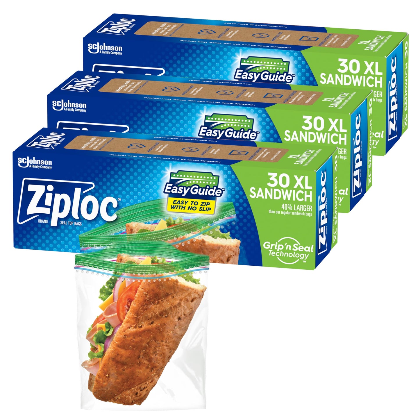 Ziploc XL Sandwich and Snack Bags with EasyGuide Texture, Plastic Storage Bags with Grip 'n Seal Technology, 90 Bags Total