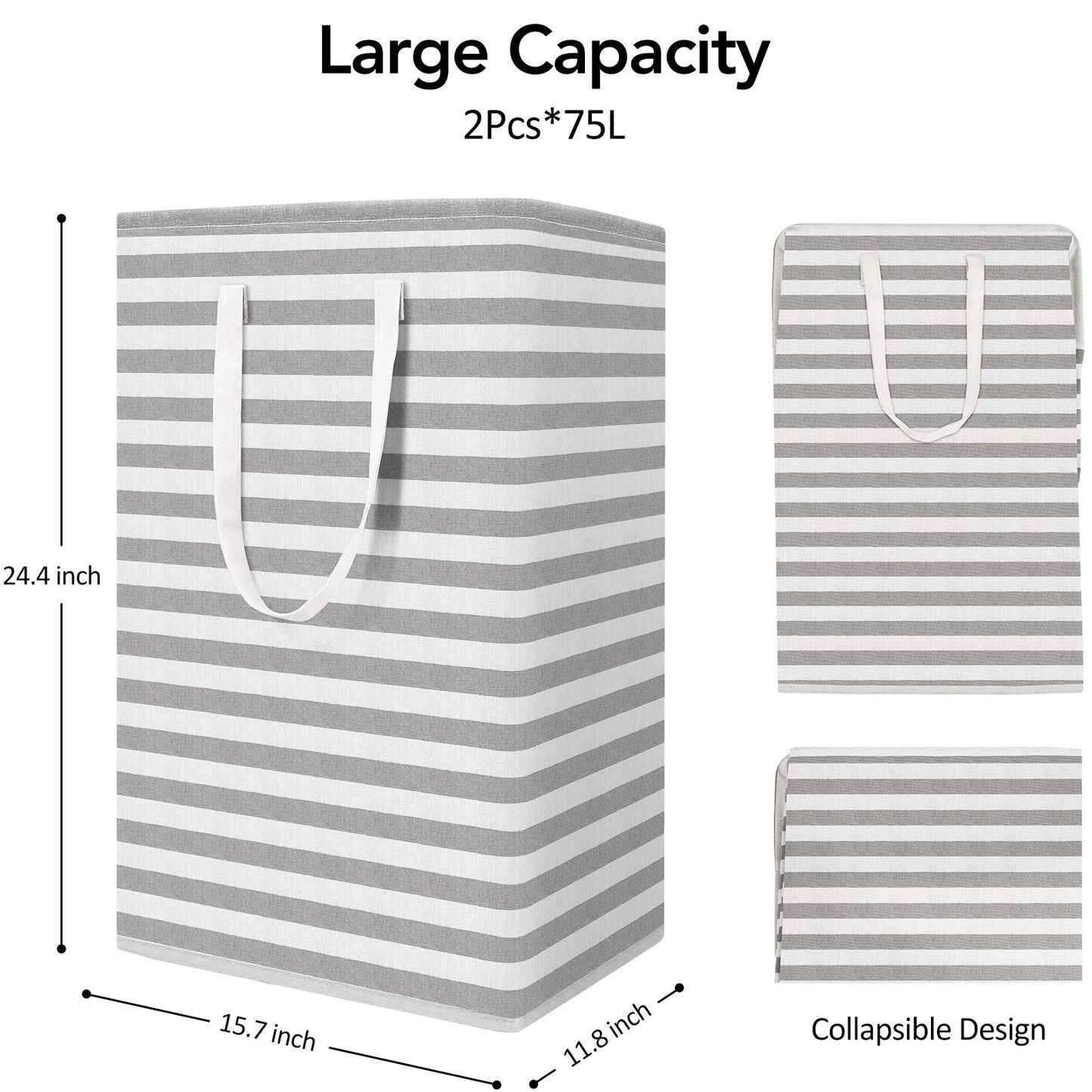 WISELIFE 2-Pack Laundry Hamper 75L Collapsible Large Laundry Baskets with Easy Carry Handles Freestanding Waterproof Clothes Hamper Storage Basket for Toys Clothes Organizer - 24.4" (H), Grey